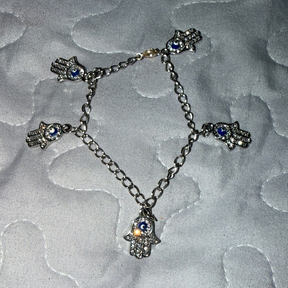 Silver Hamsa Hand Charm Bracelet with Blue Accent